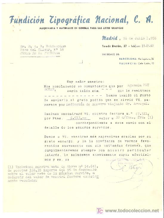 Cartas comerciais: CARTA COMERCIAL. FUNDICION TIPOGRAFICA NACIONAL, C.A. MADRID. JULIO 1956. VALDESPINO. JEREZ.