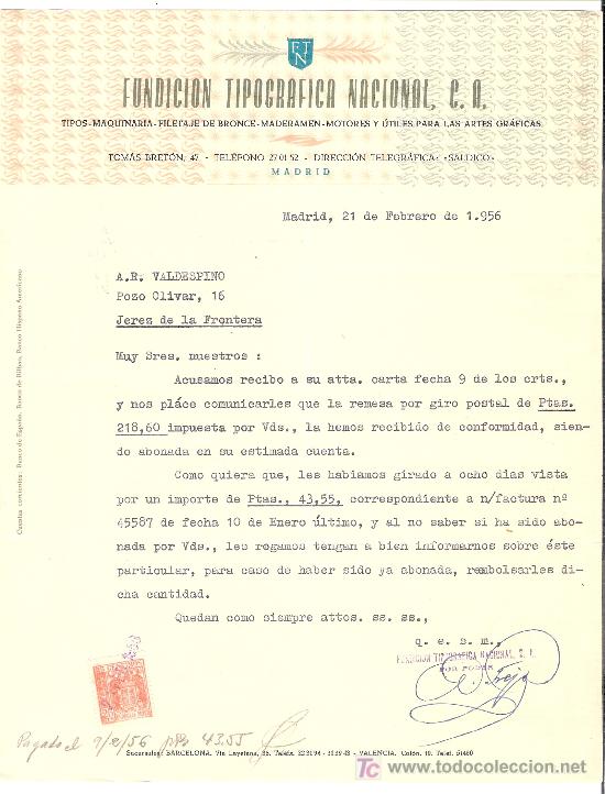 Cartas comerciais: CARTA COMERCIAL. FUNDICION TIPOGRAFICA NACIONAL, C.A. MADRID. FEBRERO 1956. VALDESPINO. JEREZ.