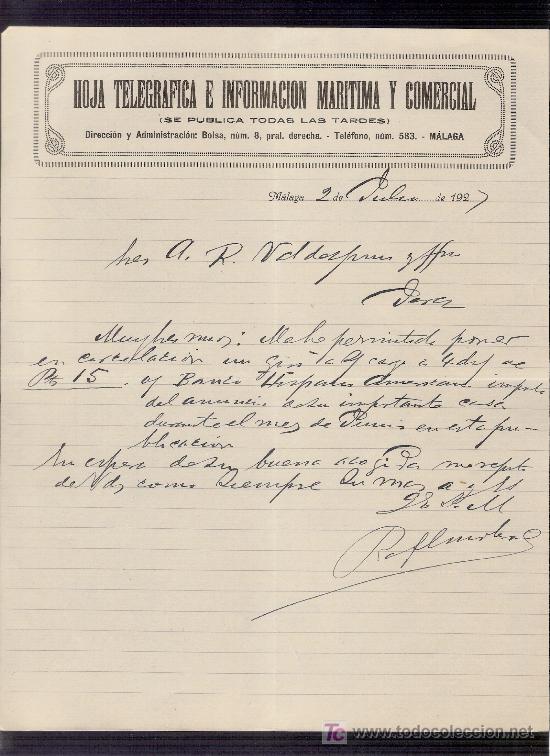 Gesch&auml;ftsbriefe: CARTA COMERCIAL. HOJA TELEGRAFICA E INFORMACION MARITIMA Y COMERCIAL. JULIO 1927. VALDESPINO.