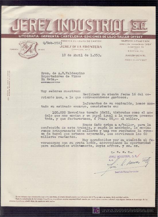 Gesch&auml;ftsbriefe: CARTA COMERCIAL. JEREZ INDUSTRIAL. FABRICA DE CAJAS DE CARTON. ABRIL 1953. VALDESPINO.