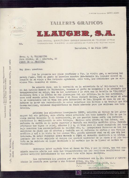 Gesch&auml;ftsbriefe: CARTA COMERCIAL. LLAUGER, S.A. TALLERES GRAFICOS. BARCELONA. JULIO 1953. VALDESPINO. JEREZ.