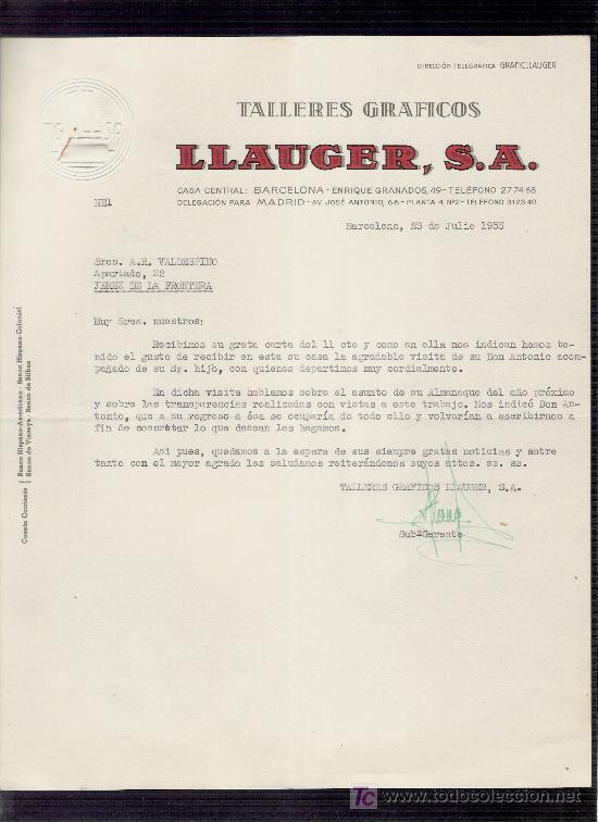 Gesch&auml;ftsbriefe: CARTA COMERCIAL. LLAUGER, S.A. TALLERES GRAFICOS. BARCELONA. JULIO 1953. VALDESPINO. JEREZ.