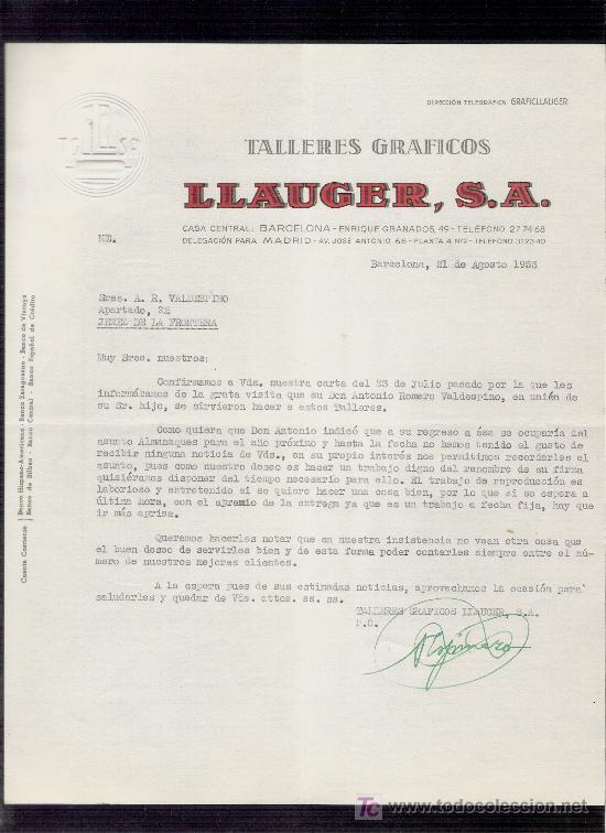 Gesch&auml;ftsbriefe: CARTA COMERCIAL. LLAUGER, S.A. TALLERES GRAFICOS. BARCELONA. AGOSTO 1953. VALDESPINO. JEREZ.