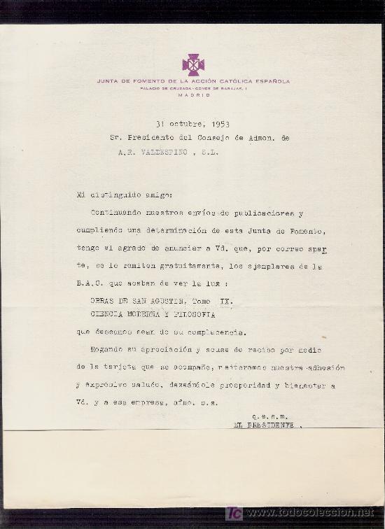 Gesch&auml;ftsbriefe: CARTA COMERCIAL. JUNTA DE FOMENTO DE LA ACCION CATOLICA ESPA&Ntilde;OLA. OCTUBRE 1953. VALDESPINO.MADRID