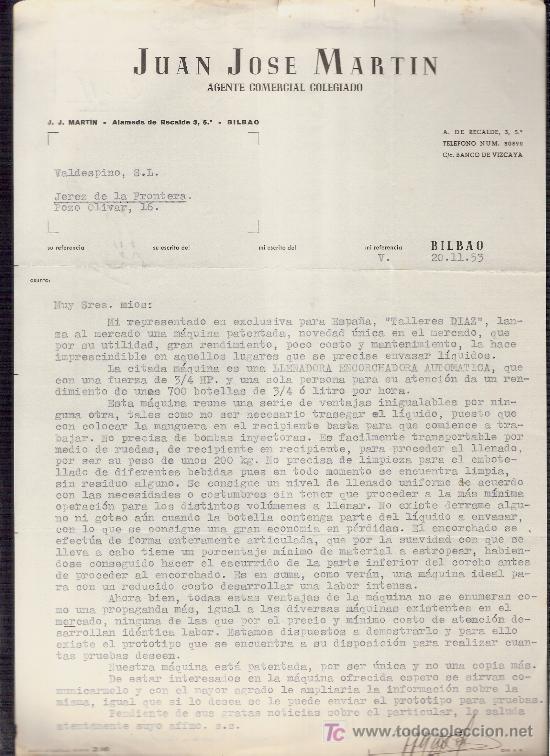 Gesch&auml;ftsbriefe: CARTA COMERCIAL. JUAN JOSE MARTIN. AGENTE COMERCIAL COLEGIADO. 1953. VALDESPINO. JEREZ.
