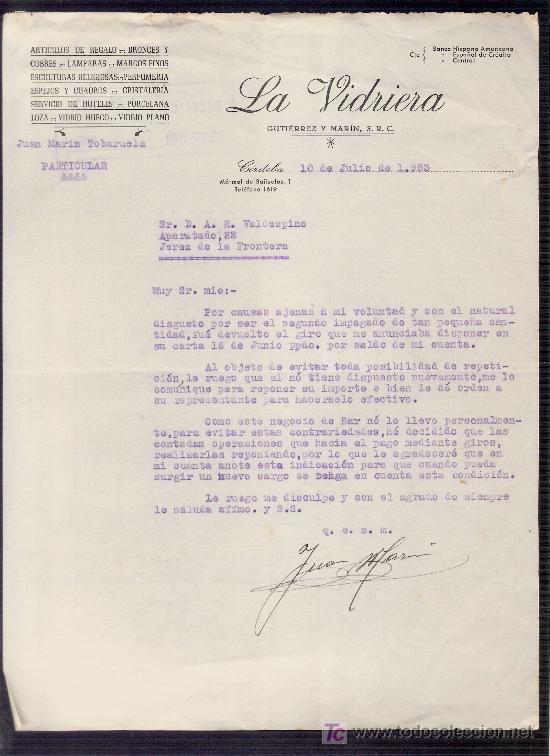 Gesch&auml;ftsbriefe: CARTA COMERCIAL. LA VIDRIERA. GUTIERREZ Y MARIN, S.R.C. CORDOBA, JULIO 1953. VALDESPINO. JEREZ.