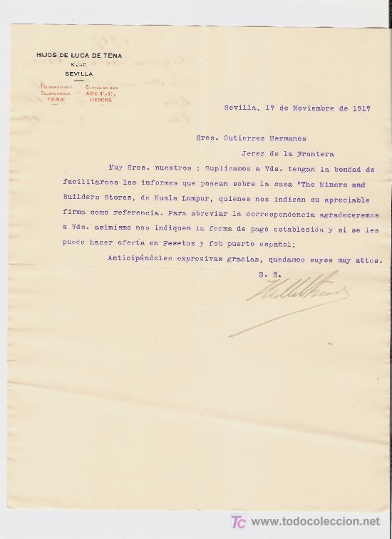Gesch&auml;ftsbriefe: CARTA COMERCIAL. HIJOS DE LUCA DE TENA. SEVILLA, NOVIEMBRE 1917. GUTIERREZ HERMANOS. JEREZ.