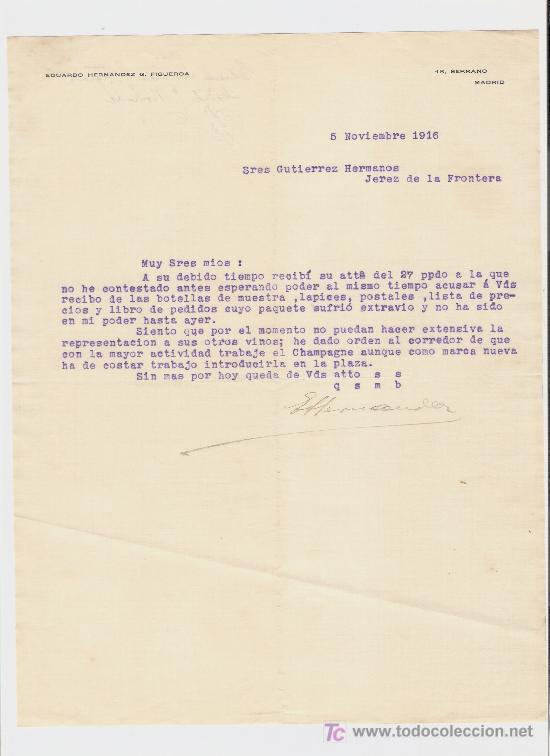 Gesch&auml;ftsbriefe: CARTA COMERCIAL. EDUARDO HERNANDEZ G. FIGUEROA. NOVIEMBRE 1916. GUTIERREZ HERMANOS. JEREZ.