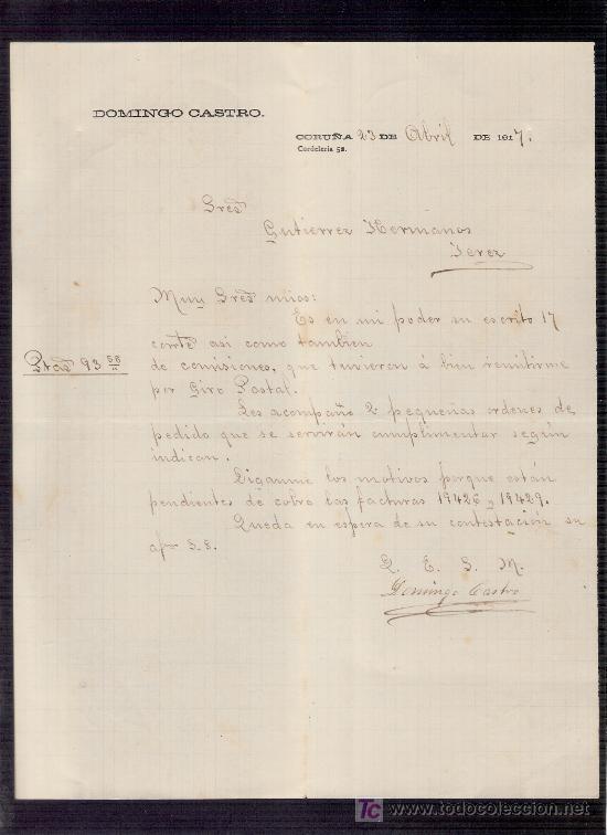 Gesch&auml;ftsbriefe: CARTA COMERCIAL. DOMINGO CASTRO. CORU&Ntilde;A. ABRIL 1917. GUTIERREZ HERMANOS. JEREZ.