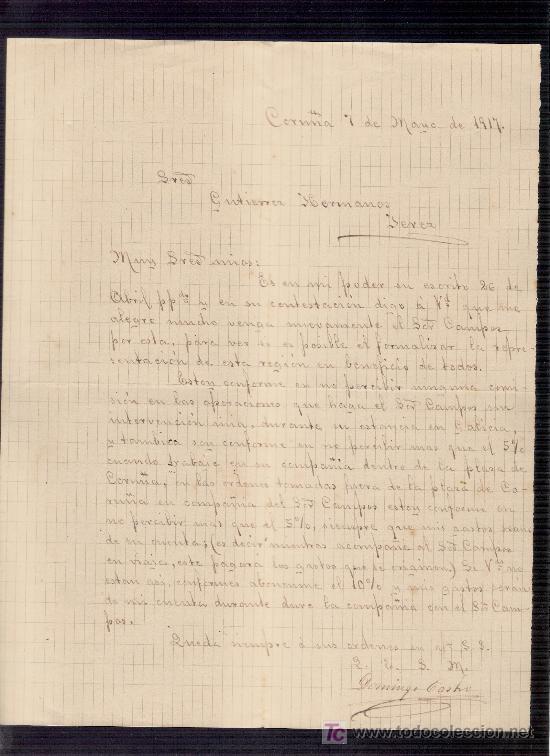 Gesch&auml;ftsbriefe: CARTA COMERCIAL. CORU&Ntilde;A, MAYO 1917. GUTIERREZ HERMANOS. JEREZ DE LA FRONTERA.