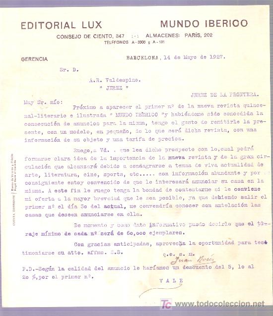 Lettres commerciales: CARTA COMERCIAL. MUNDO IBERICO. EDITORIAL LUX. BARCELONA, MAYO 1927. VALDESPINO. JEREZ.