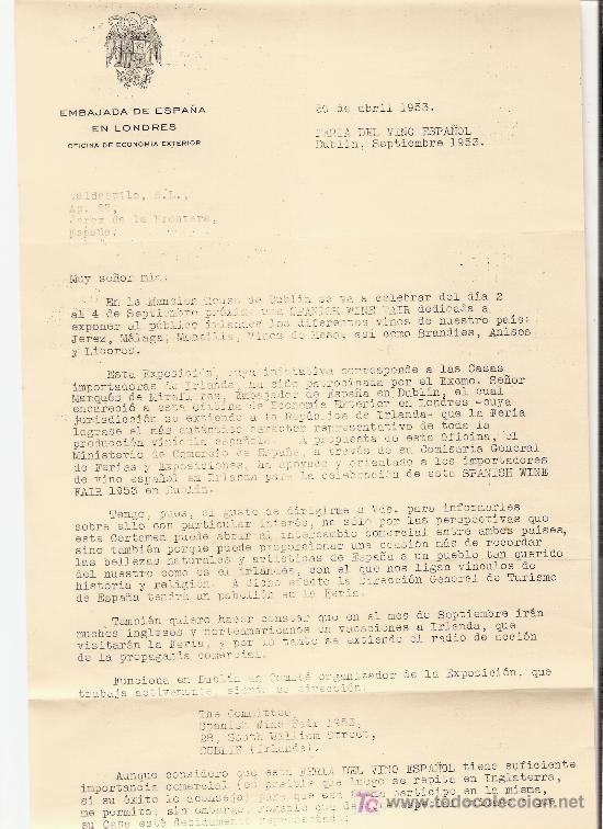 Gesch&auml;ftsbriefe: CARTA COMERCIAL. EMBAJADA DE ESPA&Ntilde;A EN LONDRES. ABRIL 1953. FERIA DEL VINO. VALDESPINO. JEREZ.