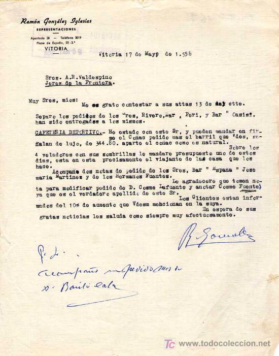 Cartas comerciais: VITORIA. 1958. CARTA COMERCIAL DE REPRESENTACIONES. RAMON GONZALEZ IGLESIAS.