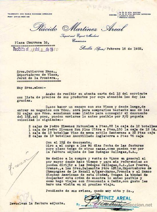 Gesch&auml;ftsbriefe: SEVILLA. 1932. CARTA COMERCIAL DE IMPORTACION Y EXPORTACION. PLACIDO MARTINEZ AREAL.