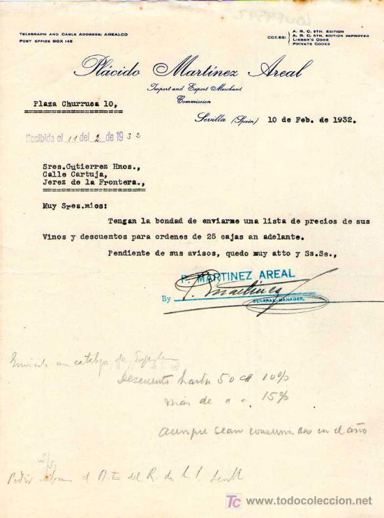 Gesch&auml;ftsbriefe: SEVILLA. 1932. CARTA COMERCIAL DE IMPORTACION Y EXPORTACION. PLACIDO MARTINEZ AREAL.
