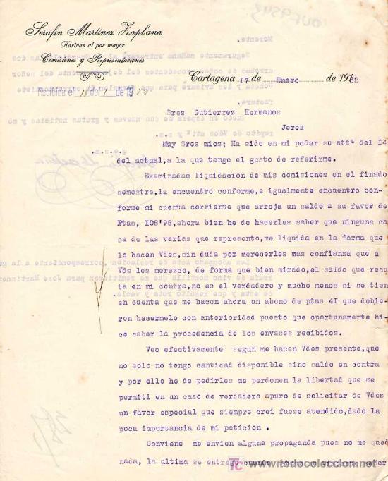 Gesch&auml;ftsbriefe: CARTAGENA. 1932. CARTA COMERCIAL DE HARINAS AL POR MAYOR. SERAFIN MARTINEZ ZAPLANA.