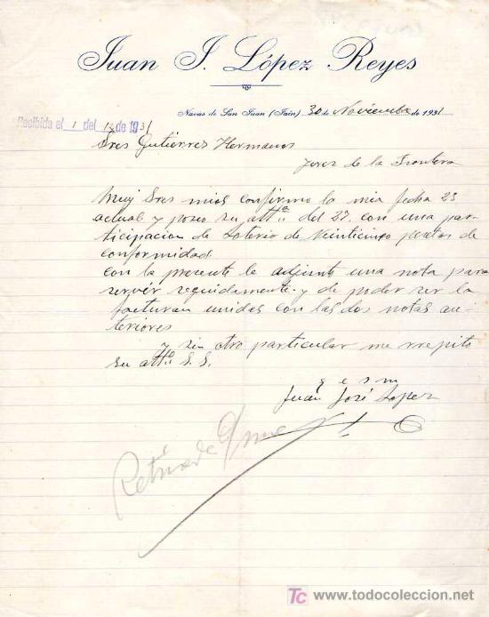 Gesch&auml;ftsbriefe: NAVAS DE SAN JUAN ( JAEN). 1932. CARTA COMERCIAL DE JUAN J. LOPEZ REYES.