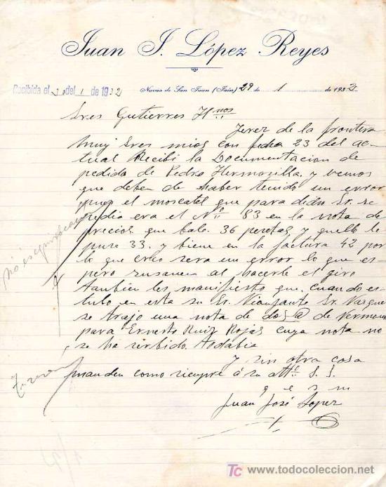 Gesch&auml;ftsbriefe: NAVAS DE SAN JUAN ( JAEN). 1932. CARTA COMERCIAL DE JUAN J. LOPEZ REYES.