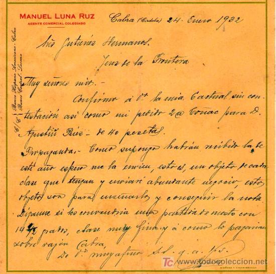 Gesch&auml;ftsbriefe: CABRA ( CORDOBA). 1932. CARTA COMERCIAL DE  AGENTE COMERCIAL. MANUEL LUNA ORTIZ.