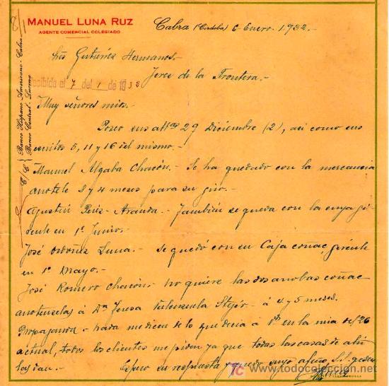 Gesch&auml;ftsbriefe: CABRA ( CORDOBA). 1932. CARTA COMERCIAL DE  AGENTE COMERCIAL. MANUEL LUNA ORTIZ.