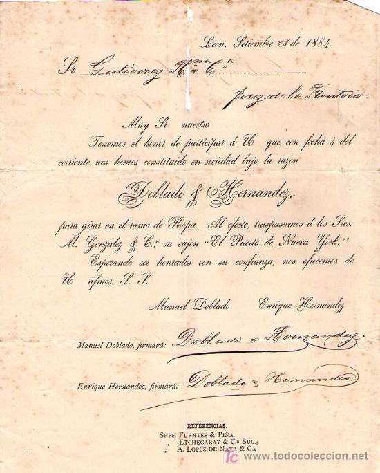 Cartas comerciales: LEON. 1884. CARTA COMERCIAL DE DOBLADO & HERNANDEZ. - Foto 1