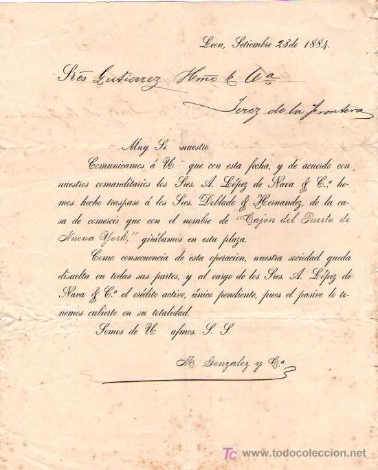 Cartas comerciales: LEON. 1884. CARTA COMERCIAL DE M. GONZALEZ Y C&ordf;. - Foto 1