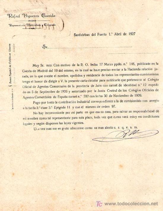 Gesch&auml;ftsbriefe: SANTISTEBAN DEL PUERTO ( JAEN). 1927. CARTA COMERCIAL DE REPRESENTANTE. RAFAEL HIGUERAS GARRIDO.