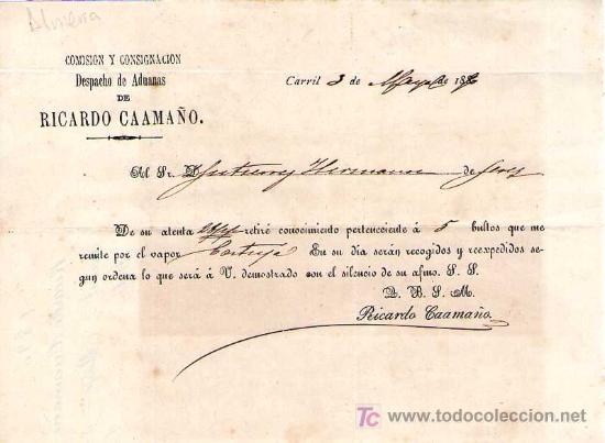 Commercial Letters: CARRIL ( PONTEVEDRA). 1886. CARTA COMERCIAL DE DESPACHO DE ADUANAS. RICARDO CAAMA&Ntilde;O.