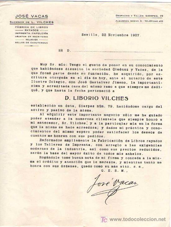 Gesch&auml;ftsbriefe: SEVILLA. 1927. CARTA COMERCIAL DE FABRICA DE LIBROS RAYADOS. JOSE VACAS.