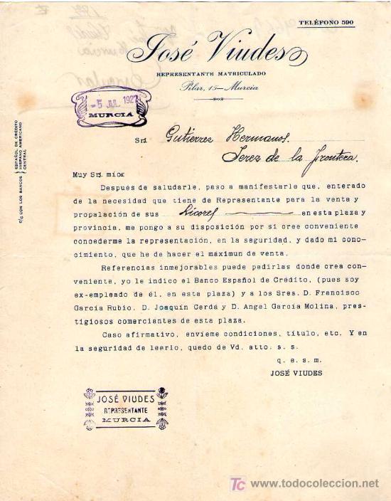 Gesch&auml;ftsbriefe: MURCIA. 1927. CARTA COMERCIAL DE JOSE VIUDES.