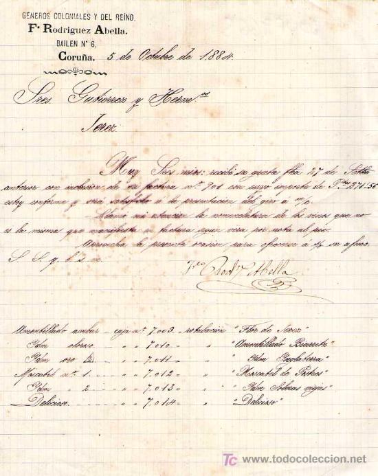 Gesch&auml;ftsbriefe: CORU&Ntilde;A. 1884. CARTA COMERCIAL DE GENEROS  COLONIALES Y DEL REINO. F. RDRIGUEZ ABELLA.