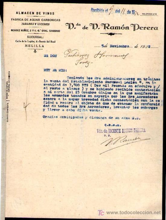 Gesch&auml;ftsbriefe: MELILLA. 1932. CARTA COMERCIAL DE FABRICAS DE AGUAS CARBONICAS. ALMACCEN DE VINOS. VDA. DE RAMON P.