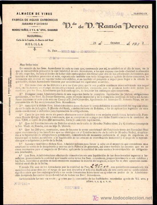 Gesch&auml;ftsbriefe: MELILLA. 1932. CARTA COMERCIAL DE FABRICAS DE AGUAS CARBONICAS. ALMACCEN DE VINOS. VDA. DE RAMON P.
