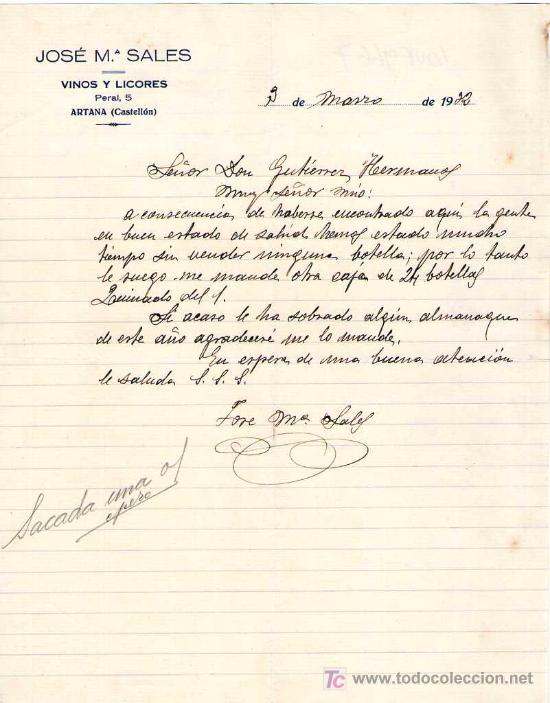 Gesch&auml;ftsbriefe: ARTANA ( CASTELLON). 1932. CARTA COMERCIAL DE VINOS Y LICORES. JOSE M&ordm; SALES.