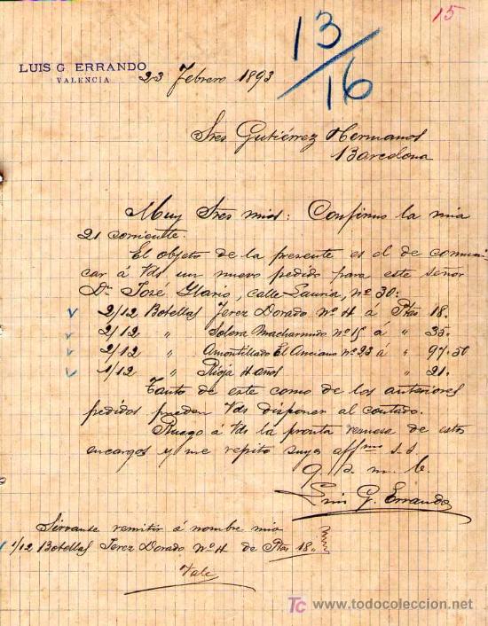 Cartas comerciales: VALENCIA. 1893. CARTA COMERCIAL DE LUIS G. ERRANDO. - Foto 1