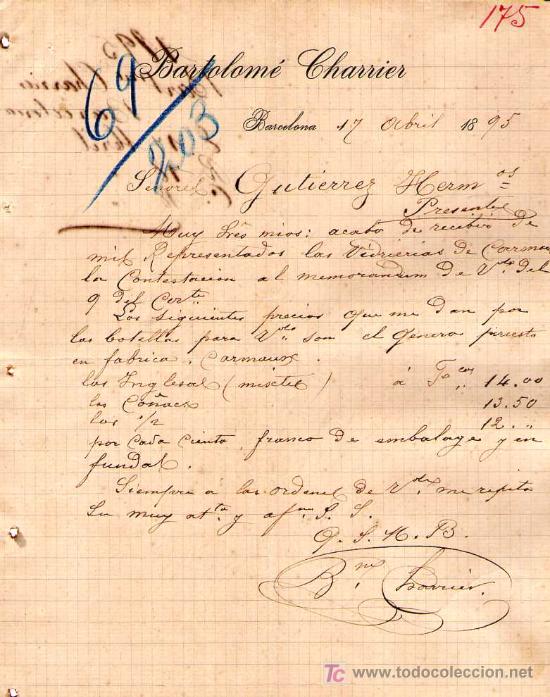 Cartas comerciais: BARCELONA. 1895. CARTA COMERCIAL DE BARTOLOME CHARRIER.