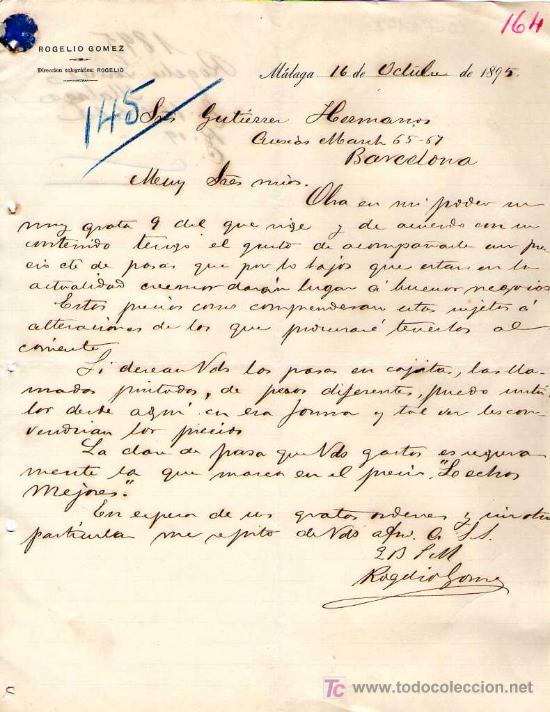 Cartas comerciais: MALAGA. 1895. CARTA COMERCIAL DE ROGELIO GOMEZ.
