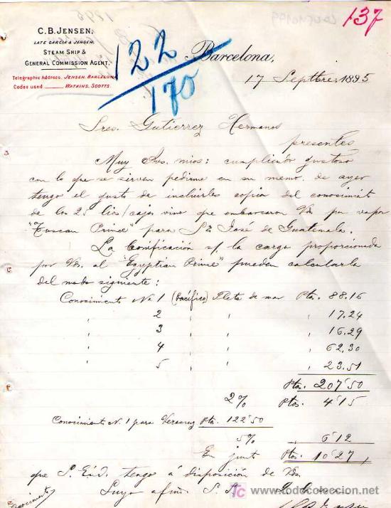 Cartas comerciais: BARCELONA. 1895. CARTA COMERCIAL DE C. B. JENSEN.