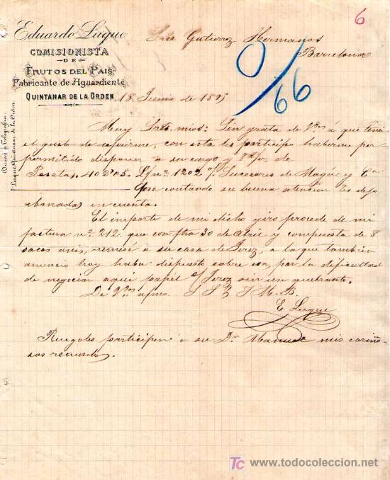Cartas comerciais: QUINTANAR DE LA ORDEN ( TOLEDO). 1895. CARTA COMERCIAL DE FABBRICANTE DE AGUARDIENTE. EDUARDO LUQUE.