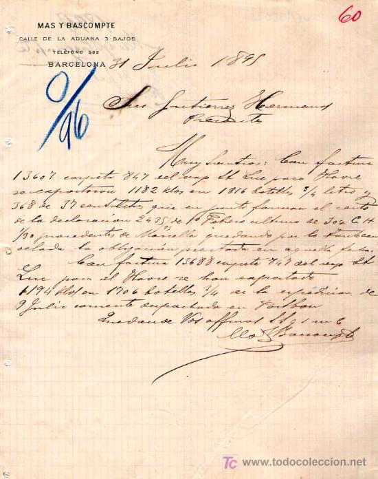 Cartas comerciales: BARCELONA. 1895. CARTA COMERCIAL DE MAS Y BASCOMPTE. - Foto 1