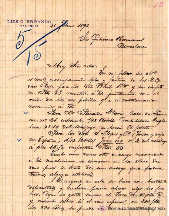 Cartas comerciales: VALENCIA. 1893. CARTA COMERCIAL DE LUIS G. ERRANDO. - Foto 1