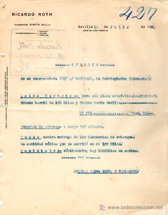 Cartas comerciales: SEVILLA. 1920. CARTA COMERCIAL DE RICARDO ROTH. - Foto 1