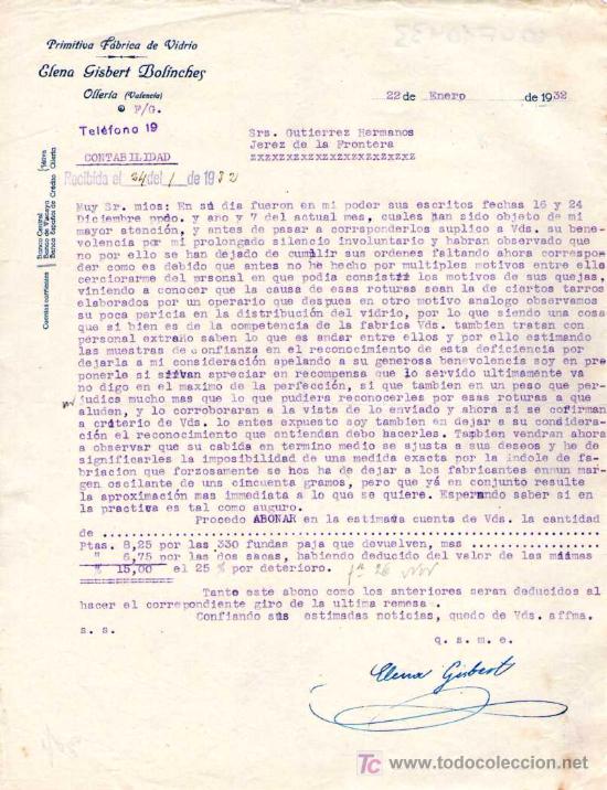 Cartas comerciales: OLLERIA ( VALENCIA). 1932. CARTA COMERCIAL DE FABRICA DE VIDRIO. ELENA GISBERT BOLINCHE.