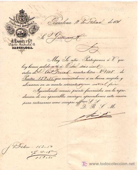 Cartas comerciales: BARCELONA. 1891. CARTA COMERCIAL DE CRISTALERIA BADALONESA. A. FARRES Y C&ordf;.