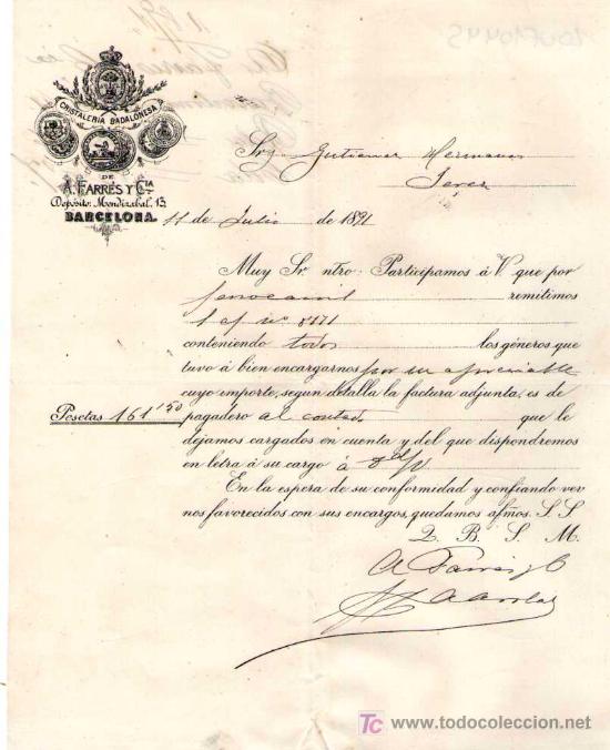 Cartas comerciales: BARCELONA. 1891. CARTA COMERCIAL DE CRISTALERIA BADALONESA. A. FARRES Y C&ordf;.