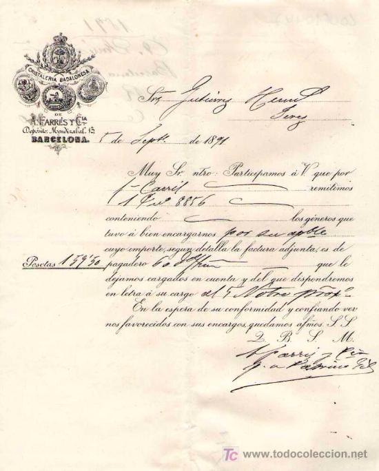 Cartas comerciales: BARCELONA. 1891. CARTA COMERCIAL DE CRISTALERIA BADALONESA. A. FARRES Y C&ordf;.