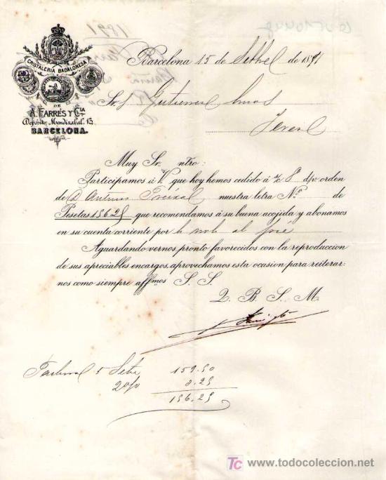 Cartas comerciales: BARCELONA. 1891. CARTA COMERCIAL DE CRISTALERIA BADALONESA. A. FARRES Y C&ordf;.