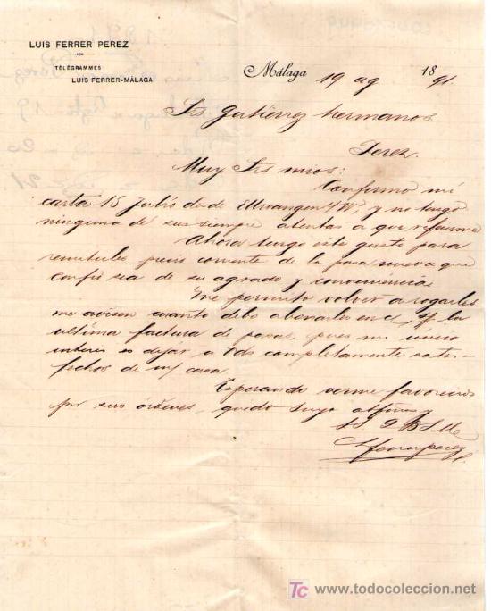 Cartas comerciales: MALAGA. 1891. CARTA COMERCIAL DE LUIS FERRER PEREZ.
