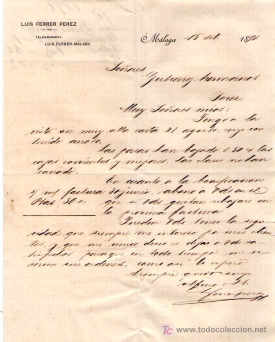 Cartas comerciales: MALAGA. 1891. CARTA COMERCIAL DE LUIS FERRER PEREZ.