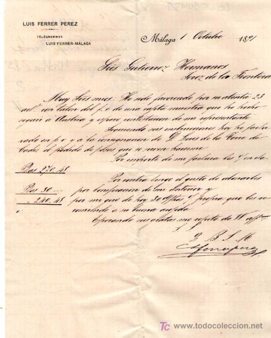 Cartas comerciales: MALAGA. 1891. CARTA COMERCIAL DE LUIS FERRER PEREZ.
